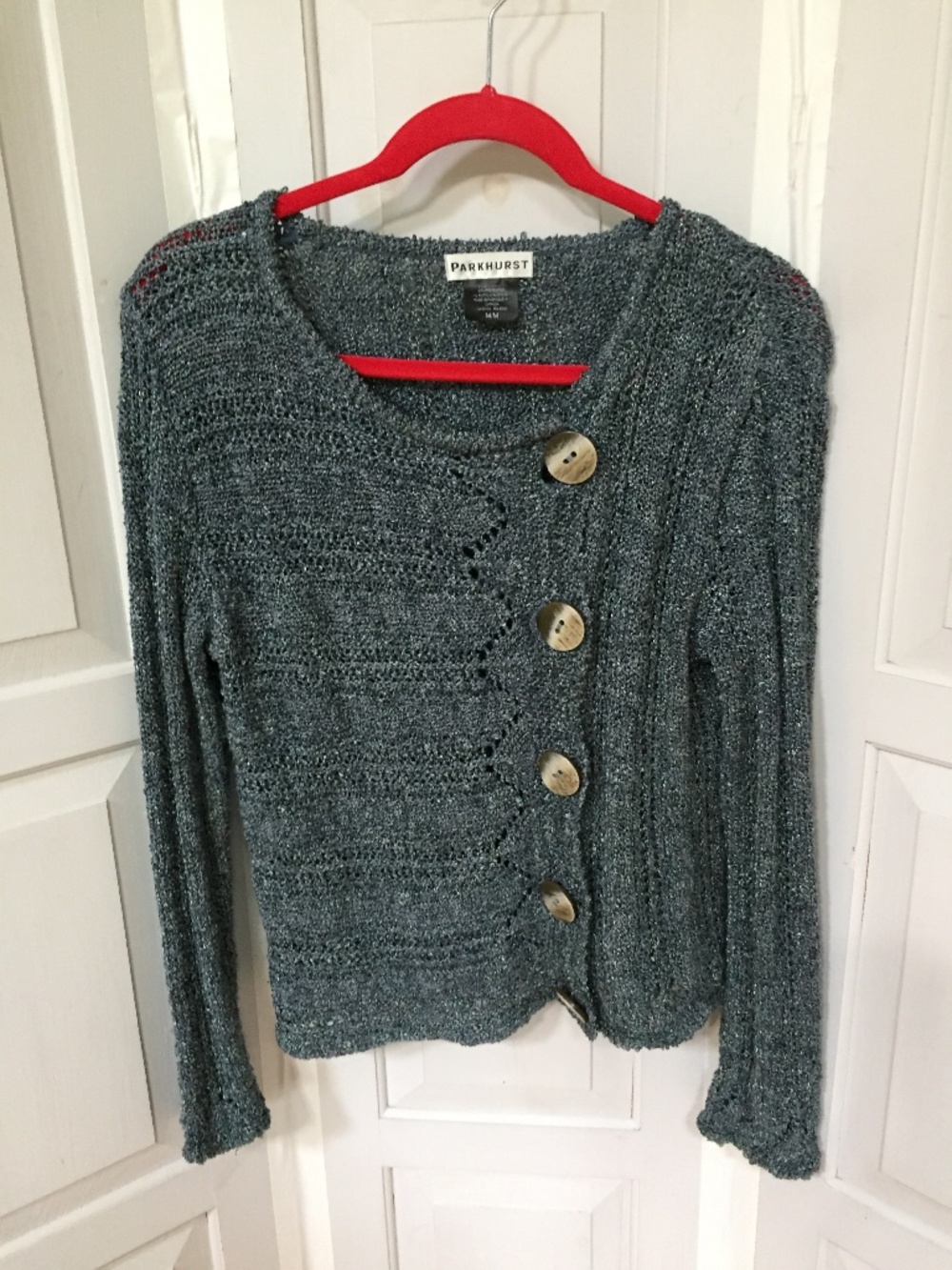 Parkhurst Heathered Blue Scoop Neck Knit Sweater with Wooden Buttons